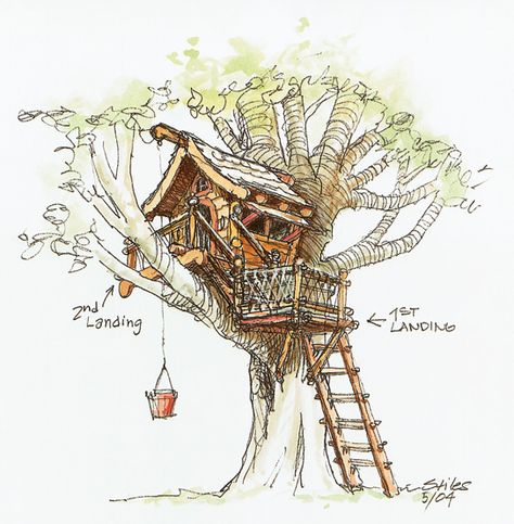 Treehouse sketchbook inspiration  Da série Sonhos Perdidos no Tempo. Tree House Drawing, Backyard Treehouse, Hantverk Diy, Tree House Plans, Tree House Diy, Tree House Designs, House Sketch, House Illustration, Tree Houses