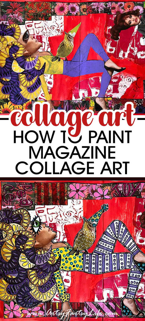 How To Paint On Magazine Collage - Mixed Media Tips Photos To Paint Inspiration, Collage On Canvas Ideas, Mixed Art Media, Collage And Painting, Mixed Media Design Graphic, Art Journal Mixed Media, Paint Collage Ideas, Painting On Magazine Pages, Portrait Collage Art