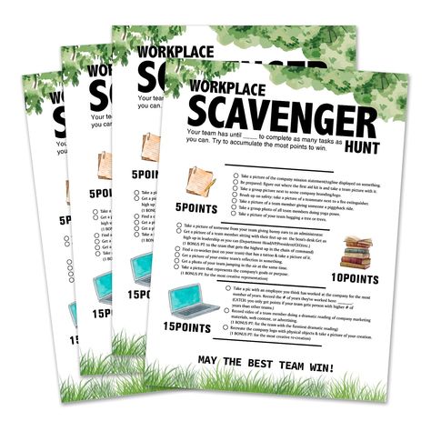 PRICES MAY VARY. This is an office party theme game, including 1 workplace scavenger hunt guide card, 15 workplace scavenger hunt cards, the size is 8X11 inches. HOW TO PLAY: -The competition is suitable for multiple teams to participate, and each team can have 5-10 participants. -Each team chooses one person to be a "recorder" to fill in the activity sheet as well as take cell phone pictures or video to. -Teams will attempt to complete tasks on the activity sheet before the time is up!The team Employee Team Building Activities Morale Boosters, Workplace Scavenger Hunt, Office Scavenger Hunt, Scavenger Hunt Workplace, Work Scavenger Hunt Team Building, Office Scavenger Hunt Team Building, Fun Office Games Team Building, Group Ice Breaker Games, Group Ice Breakers