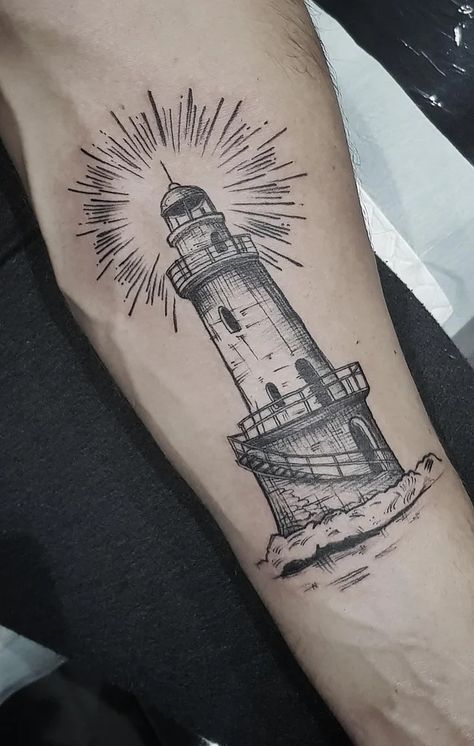 Montauk Lighthouse Tattoo, Annihilation Aesthetic, Lighthouse Tattoo Meaning, Traditional Lighthouse Tattoo, Travel Tattoo Ideas, Castle Tattoo, Pretoria South Africa, Travel Tattoos, Lighthouse Tattoo