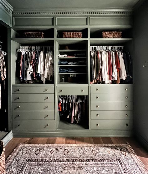 Unbelievable Ikea Pax Primary Closet Reveal | Built In Bedroom Closet Wall, Green Built In Closet, Ikea Ipax, Armoire In Closet, Desk In Master Closet, Olive Green Closet, Dresser In Master Closet, Green Closet Aesthetic, Sage Green Walk In Closet