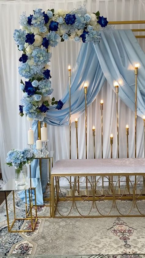 Pastel Blue Engagement Decor, Blue Desi Wedding Decor, Baby Blue Engagement Decoration, Blue Engagement Decorations, Blue Stage Decorations, Lamasat Wedding, Blue Nikkah Decor, Home Engagement Decor, Engagement Themes Decor