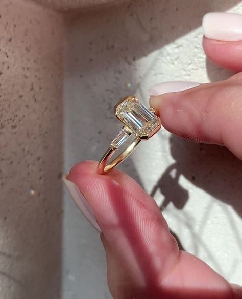 Elongated Cushion Bezel Engagement Ring, Frank Darling, Retro Engagement Rings, Agate Wedding Ring, Baguette Side Stones, Engagement Ring Inspiration, Cute Engagement Rings, Bezel Engagement Ring, Elongated Cushion