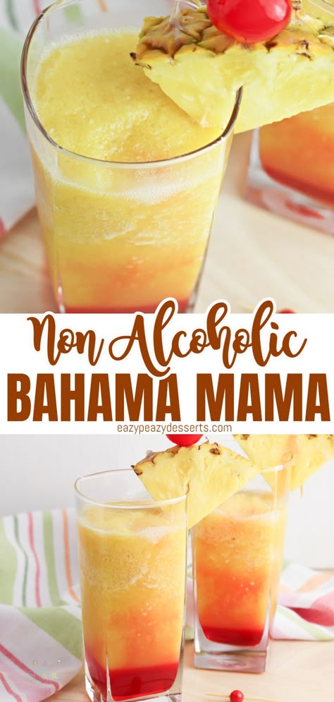 How To Make A Bahama Mama Drink, Family Friendly Drinks, Virgin Bahama Mama, Banana Mama Drink Recipe, Summer Slushies Non Alcoholic, Bahamas Mama Drink Recipe, Virgin Mixed Drinks, Hawaii Drinks Non Alcoholic, Bahama Mama Drink Mocktail