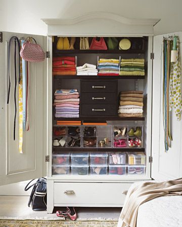 Use Every Square Inch  If the ceiling is high, install shelves above the rods to store items you don't use every day, such as hats, gloves, and other off-season clothing. Walls and the backs of closet doors can support hooks, peg-board (to which you can secure any number of hooks), mirrors, and even bulletin boards for messages and mementos. Martha Stewart Organizing, Martha Stewart Home, Organized Closet, Small Closet Space, Bedroom Armoire, Small Closet, Clothes And Shoes, Wardrobe Armoire, Closet Space