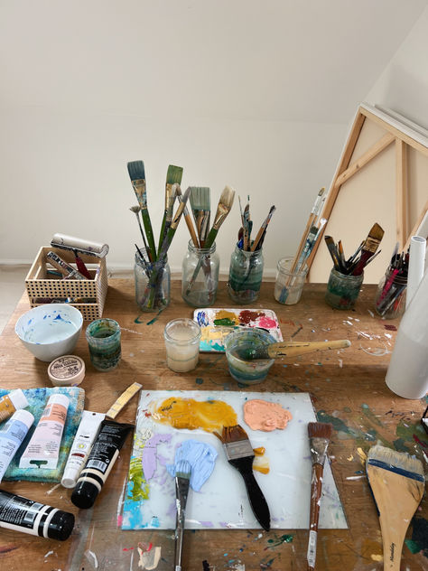 Art supplies, paint, brushes, color palettes, canvas, in Artist Amy Early's studio Calligraphy Drawings, September Mood Board, September Mood, Artists Way, The Artist's Way, Calligraphy Drawing, Expressive Language, Painting Studio, Art Table