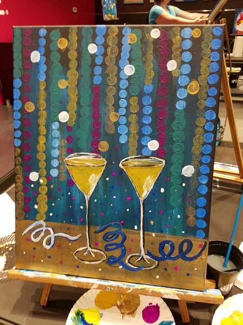 New Years Eve Artwork, New Years Canvas Painting Ideas, New Years Painting Canvas, November Paint And Sip Ideas, New Years Painting Ideas, New Years Painting, Happy New Year Painting, New Year Painting, Couples Canvas Painting