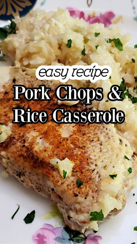 Looking for a cozy, comforting dinner idea? Try this Baked Pork Chop and Rice Casserole! Juicy, tender pork chops are baked to perfection with a creamy rice mixture. This one pot meal takes just a few simple ingredients to prepare and it out of the oven in about an hour. That makes this a family favorite that is perfect for those busy weeknights. A home cooked meal on the table that even those picky eaters will love. Enjoy! Healthier Dinner Recipes For Picky Eaters, Pork Chops Rice Casserole, No Peek Pork Chops And Rice Oven, Quick And Easy Dinner Recipes Pork Chops, Rice And Pork Chops Recipes, Pork Chop With Rice Recipes, Oven Baked Pork Chop Recipes Cream Of Mushrooms, Pork Chops And Minute Rice Casserole, Pork Casseroles Dinners