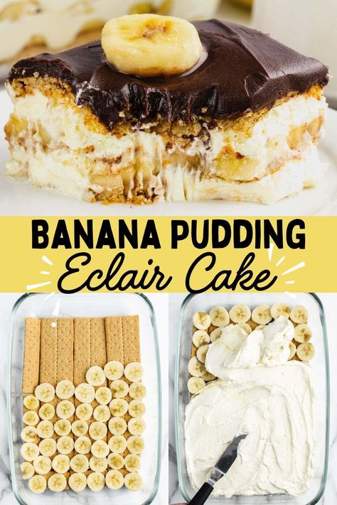 This is the best Banana Eclair Cake recipe ever! It’s filled with layers of creamy pudding and fresh fruit sandwiched between sheets of graham crackers, then covered with chocolate fudge frosting for a delicious no bake dessert. Desserts With Banana Pudding, Banana Eclair Dessert, Banana Eclair Cake, Lemon Eclair Cake No Bake, Pudding Graham Cracker Dessert, Banana Lush Dessert, Banana Pudding With Graham Crackers, Chocolate Eclair Cake No Bake, Banana Eclair