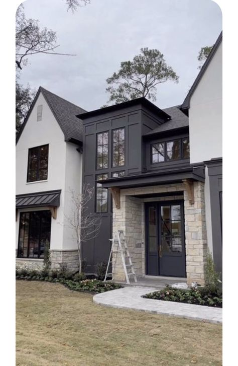 Black Dormers White House, Black Roof House Exterior, Black Dream House, Concrete House Exterior, Lights Video, Modern Exteriors, Gable House, House Front Porch, Paint Color Ideas