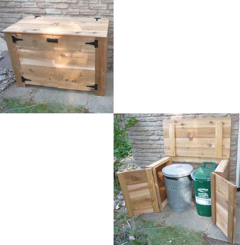 The box Peter built to store green bin and garbage can in outside during summer - should be racoon-proof.  It can be opened from the top or front only or both. Trés cool. Raccoon Proof Garbage Can, Garbage Cabinet, Bin Stores, Garbage Can Shed, Garbage Can Storage, Garbage Shed, Trash Can Storage, Galvanized Roofing, Green Bin