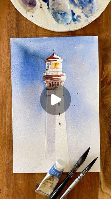 Anastasia Mily on Instagram: "Let’s paint a lighthouse in watercolour ✨🎨⚓️ Colours used: French Ultramarine, Indigo, Transparent Red Oxide, Burnt Sienna, Aussie Red Gold. #watercolor #watercolorsmadesimple #lighthouse #lighthouseart #watercolorvideo #watercolorart" Anastasia Mily, Sailboat Painting Watercolor, Lighthouse Paintings, Watercolor Lighthouse, Lighthouse Drawing, Watercolour Ideas, Lighthouse Painting, Lighthouse Art, Watercolor Video