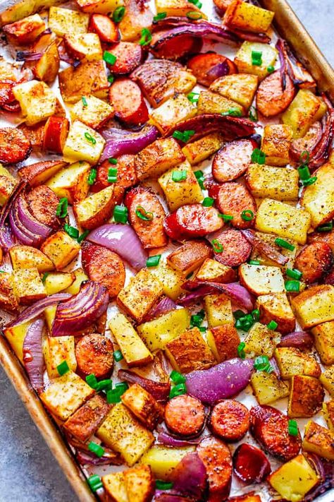 Dinners With Potatoes, Sheet Pan Sausage And Potatoes, Whole Roast Chicken Recipe, Sheet Pan Sausage, Kielbasa And Potatoes, Pan Sausage, Sausage And Potatoes, Sausage Dinner, Dinners Recipes