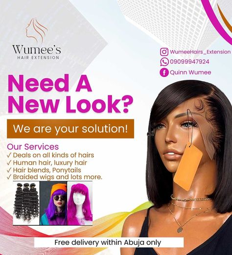 Wig Poster Design, Wig Advertising Ideas, Wig Flyers Ideas, Wig Sale Flyer, Hair Sales Flyer, Wig Sales Flyer Design, Hair Business Flyer, Hair Business Flyers Ideas, Wig Logo Design Ideas