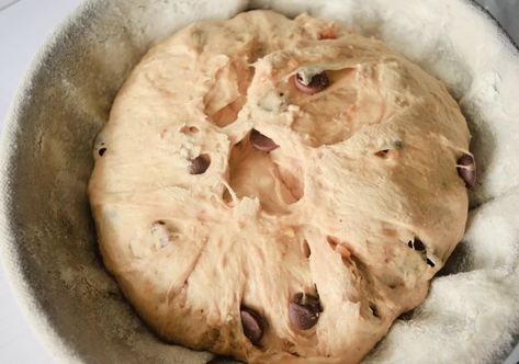 Sourdough in a banneton for dough on a white parchment paper for Peanut Butter with Chocolate Sourdough Bread Recipe.. Double Chocolate Chip Sourdough Bread, Chocolate Peanut Butter Sourdough Bread, Peanut Butter Sourdough Cookies, Unique Sourdough Flavors, Peanut Butter Sourdough Bread, Winter Sourdough Recipes, Sourdough Bread Recipes With Inclusions, Dessert Sourdough Bread, Holiday Sourdough Bread