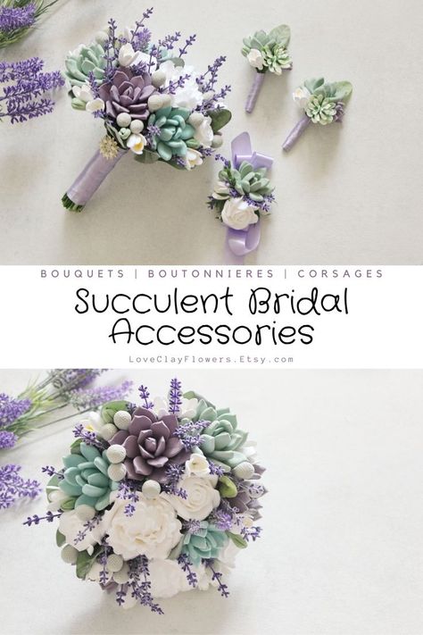 Wedding bouquet by LoveClayFlowers. Purple Mint Bridal bouquet, White peony bouquet , Succulent bouquet , Lavender bouquet. Bespoke wedding flowers created by me from polymer clay, Bouquet features white peonies with purple and mint succulents and lavender as an accent #weddings #beachwedding Fake Flower Arrangements Diy, Clay Bouquet, White Peony Bouquet, Mint Bouquet, Wedding Succulents, Succulent Wedding Decor, Bouquet Succulent, Bouquet Lavender, Bridal Bouquet White