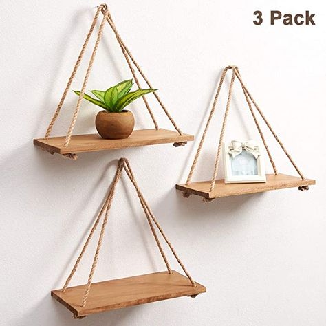 Wall Mounted Wood Shelves, Hanging Wood Shelves, Paneling Ideas, Wall Hanging Shelf, Cool Dorm Rooms, Grass Wall, Wall Hanging Shelves, Shelf Wood, Rope Shelves