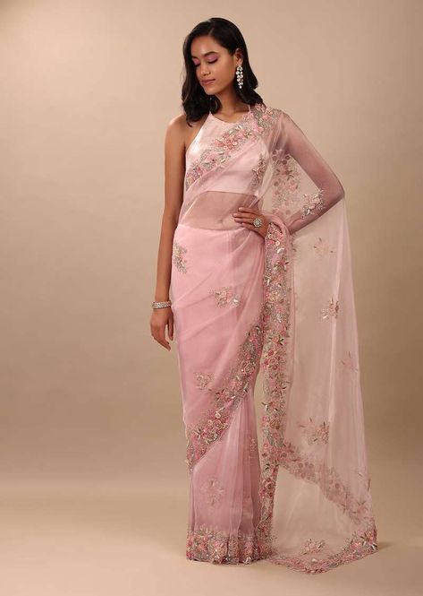 Floral Indian Outfit, Blush Pink Saree, Sarees For Girls, Sequin Saree, Floral Saree, Latest Saree, Latest Indian Saree, Party Sarees, Satin Saree