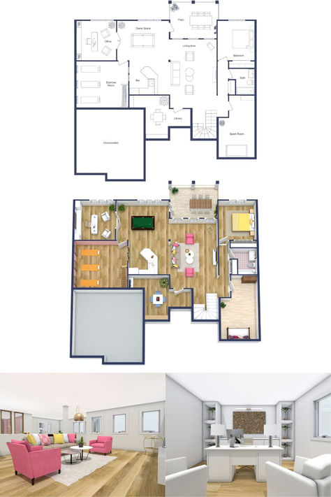 A bright and colorful 2D and 3D open floor plan basement collage with two bedrooms, an office, and a porch. Basement Layouts With Bedrooms, Basement Layout Ideas Floor Plans, Basement Layout Ideas, Basement Layouts, Finished Basement Designs, Warm Wood Flooring, Basement Layout, Apartment Floor, Diy Basement