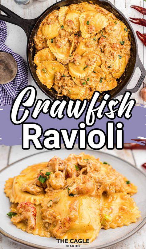 Deliciously creamy and full of Cajun flavor this Crawfish Ravioli is a tasty way to use up that leftover crawfish. Delicious cheese filled ravioli with a Cajun Crawfish cream sauce. Meals With Crawfish Tails, Crawfish Tails And Shrimp Recipes, Crawfish Dinner Ideas, Crawfish Tails Recipes Easy, Recipes With Crawfish Tails, Crawfish Meals, Crawfish Ravioli Recipe, Crawfish Recipes Easy, Crawfish Tails Recipes