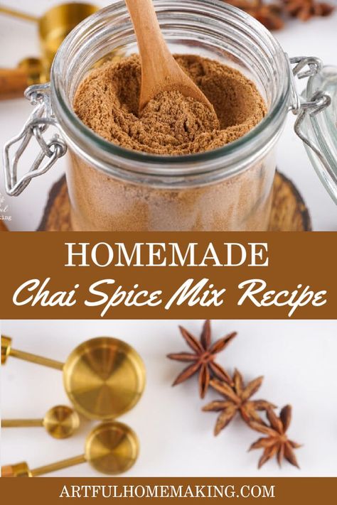 chai spice mix in a glass jar with a wooden spoon with text overlay homemade chai spice mix recipe Diy Chai Powder, Chai Tea Spice Mix Recipe, Chia Spice Recipe, Chai Seasoning Recipe, How To Make Chai Concentrate, Instant Chai Tea Mix Recipe, Homemade Chai Tea Mix Recipes, Chai Tea Spice Blend, Chai Drink Recipes