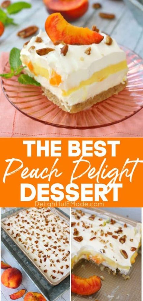 The Best Peach Delight Dessert | If you love fresh, summer peaches this dessert is for you! This Peaches & Cream Dessert has a Pecan Sandie cookie crust, cream cheese filling, fresh peaches, and toasted pecans!  The ultimate peach delight loaded with delicious peach flavor that your family is sure to love || Delightful E Made Pecan Sandie, Peaches And Cream Dessert, Cereal Treat Recipes, Peaches Cream Cheese, Peach Delight, Delight Dessert, Pecan Desserts, Peach Dessert Recipes, Cream Cheese Desserts