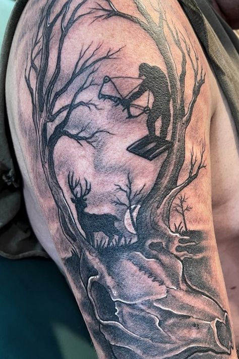 Top Tattoo Ideas for Hunters and Fishermen Grandpa Hunting Tattoos, Tattoo Ideas For Hunters, Wildlife Tattoo Ideas, Bow Hunter Tattoo, Wilderness Tattoos For Men, Hunting Sleeve Tattoo For Men, Mens Hunting Tattoos, Farming Tattoos For Guys, Hunting Dog Tattoo