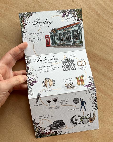 Event timelines ✨ This z fold invite has a full length timeline on the reverse outlining the weekend celebrations. Such a fun way to keep guests informed. 💛 The beautiful @chelsea_physic_garden was the basis for the wildflower theme, framing the event details nicely.🪻🍃🌾 • #eventtimeline #weddingtimeline #itsallinthedetails #illustratedtimeline #weddingweekend #londonwedding #prettypaper #chelsea #weddinginvitations # Museum Invitation Design, Wildflower Theme, Instagram Event, Wedding Schedule, Bespoke Wedding Stationery, Dream Wedding Decorations, Unconventional Wedding, Future Wedding Plans, Dream Wedding Ideas Dresses