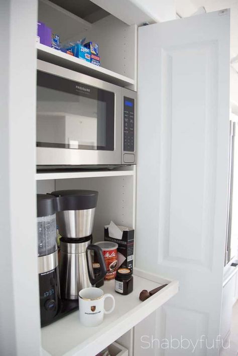 Hide Coffee Maker, Coffee Maker In Kitchen, Coffee And Microwave Station, Coffee Bar With Microwave, Bar With Microwave, Microwave Station, Hidden Coffee Station, Coffee Bar Built In, Clean A Coffee Maker