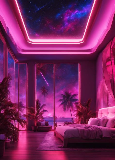 A neon pink bedroom in the vaporwave style Neon Pink Bedroom, Vaporwave Party, Vaporwave Bedroom, Utopia Aesthetic, Galaxy Ceiling, Vaporwave City, Pink Vaporwave, Scifi Room, Miami 80s