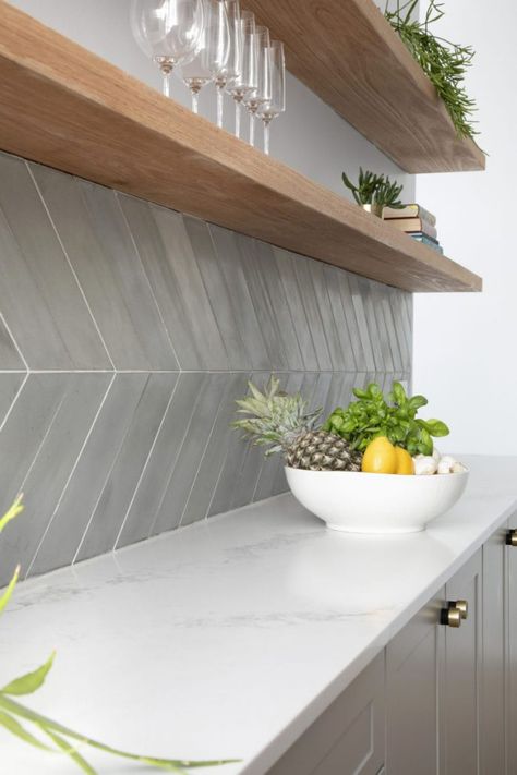 The Block Kitchen, Kitchen Splashback Tiles, Spanish Kitchen, Chevron Tile, Splashback Tiles, Kitchen Splashback, Grey Kitchen, Black Kitchens, Kitchen Tiles