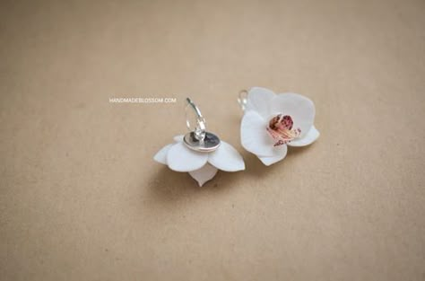 Polymer Clay Orchid, Clay Orchid, White Flower Earrings, Orchid Earrings, White Flower Earring, Pink Stud Earrings, Fimo Jewelry, Polymer Clay Flower Jewelry, Polymer Earrings