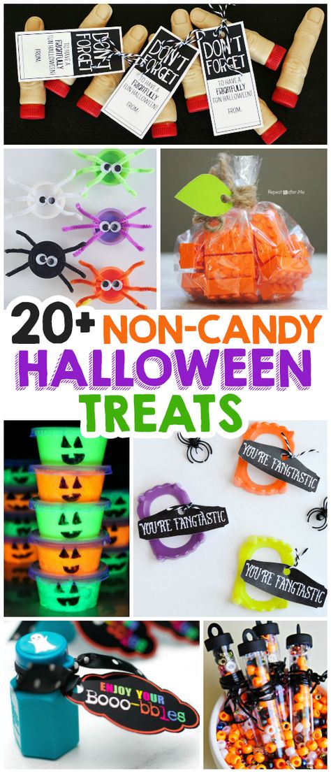 20+ Non-Candy Halloween Treats                                                                                                                                                                                 More Halloween Handouts Not Candy, Preschool Halloween Treats Non Food, Unique Trick Or Treat Handouts, Treats For Classroom, Halloween Goodie Bag Ideas, Halloween Trinkets, Halloween Class Treats, Kindergarten Halloween Party, Halloween Classroom Treats