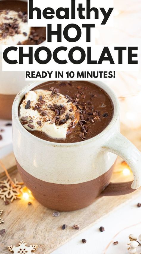 healthy hot chocolate Health Hot Chocolate, Clean Hot Chocolate Recipe, Healthy Hot Chocolate Mix Recipe Dry, Dark Chocolate Hot Chocolate, Healthy Hot Cocoa Recipe, Chocolate Drink Aesthetic, Almond Milk Hot Chocolate, Healthy Hot Cocoa, Hot Chocolate Vegan