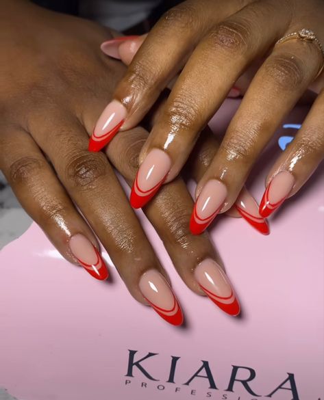 Almond Nails Birthday, Birthday Nails Summer, Red French Tip, Classy Almond Nails, Pink Tip Nails, Elegant Touch Nails, Nails Birthday, Gel Toe Nails, Acrylic Toe Nails