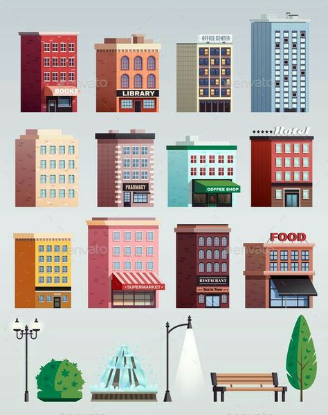 Cartoon Building, Colorful Houses, Suburban House, Building Illustration, Paper City, Office Buildings, House Illustration, City Street, New York Street