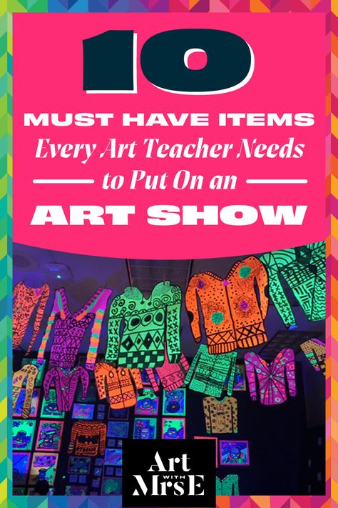 Black light image of student artwork hanging and on display. Interactive Art Show Ideas, Primary School Art Ideas Teaching, Art Show Activities, High School Art Show Ideas, Kids Art Show Display Ideas, Art Show Ideas For Kids, Art Show Elementary, Art Show Decor, Elementary Art Show Themes