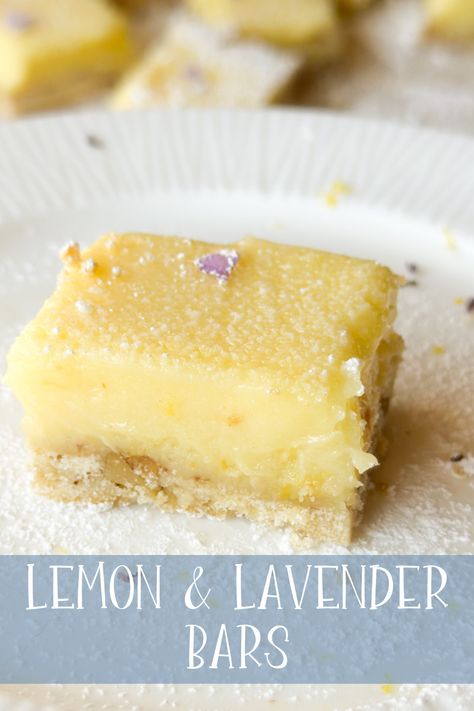 Lemon lavender bar on a plate Lavender Fudge, Prom Desserts, Lavender Biscotti, Lavender Dessert Recipes, Lavender Lemon Bars, Lavender Bitters, Lavender Food, Lavender Dessert, Lemon Bar Recipe