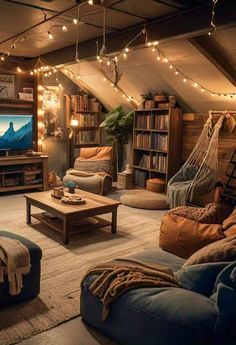 Attic Couch Ideas, Downstairs Apartment Ideas, Downstairs Hangout Room, Attic Bar Ideas, Attic Gaming Room Ideas, Hangout Garage Ideas, Basement Chill Room Ideas, Basement Fun Room, Basement Living Space Ideas