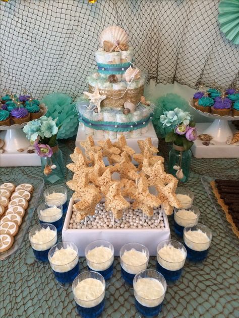 Under the Sea Baby Shower/ mint, lavender and gold color pallet Sea Theme Gender Reveal, Under The Sea Candy Bar, Gender Reveal Ocean Theme, Under The Sea Theme Baby Shower Ideas, Under The Sea Girl Baby Shower Theme, Water Theme Baby Shower Ideas, Under The Sea Gender Reveal Ideas, Beach Theme Baby Shower Ideas Girl, Sea Theme Baby Shower Boy