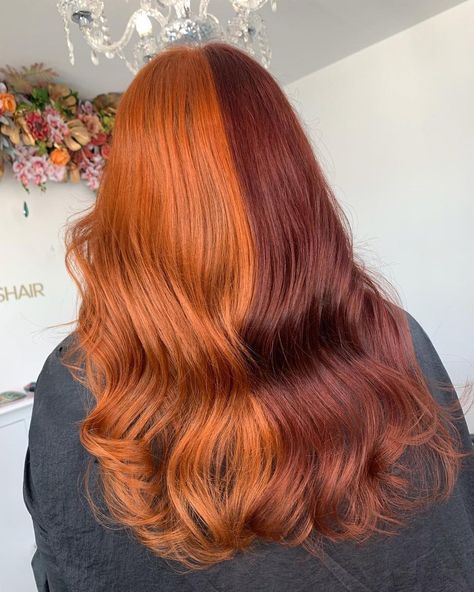 Split Dyed Copper Hair, Maroon And Ginger Hair, Red And Copper Split Hair, Pink Hair With Peekaboos, Half Brown Half Copper Hair Split, Ginger And Brown Hair Split, Split Copper Hair, Half Orange Half Red Hair, Split Dye Red Hair