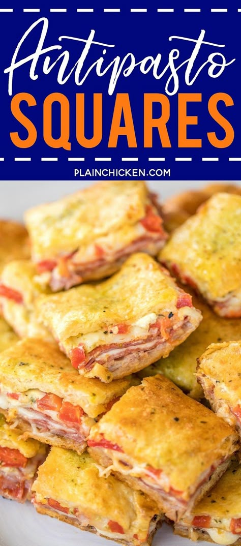 Antipasto Squares recipe - SO GOOD!! Crescent rolls stuffed with ham, salami, pepperoni, provolone, swiss, and roasted red peppers. then topped with a parmesan cheese, egg and pesto mixture and baked. These things are ridiculously good!!! There are never any leftovers when I take these to party! #appetizer #partyfood #crescentrolls Antipasto Squares, Football Friday, Square Recipes, Crescent Roll Recipes, Football Food, Crescent Rolls, Provolone, Best Appetizers, Roasted Red Peppers