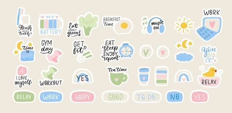 Vector daily routine stickers set cute c... | Premium Vector #Freepik #vector #task-management #time-management #work-time #cute-hand-drawn Vision Board Examples, Stickers Set, Lettering Quotes, Daily Routine, Sticker Set, Vector Icons, Cute Stickers, Premium Vector, Planner Stickers