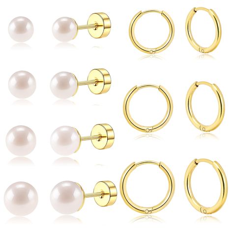 PRICES MAY VARY. 【EARRINGS SETS for MULTIPE PICERINGS】One order Includes 4 pairs flat back peal stud earrings and 3 pairs small gold hoops earrings. You can match these fashion earrings for Cartilage Helix, Rook, Daith, Tragus 【MATERIAL AND SIZE】These Small Earrings are made of 316L Surgical Steel in 14K Gold Plated. Hypoallergenic, nickel-free and lead-free, especially friendly to sensitive ear. These huggie hoops inner diameter are 6mm(0.24 in)/8mm(0.32 in)/10mm(0.40 in), these flat back earii Dainty Gold Earrings, Small Gold Hoop Earrings, Earrings Sets, Small Gold Hoops, Tiny Hoop Earrings, Earring Sets, Flat Back Earrings, Tiny Studs, Hoops Earrings