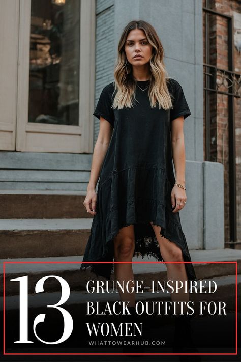 Unleash your edgy side with these 13 black grunge outfit ideas. Whether you’re layering flannels or rocking oversized graphic tees, these looks offer a mix of rebellion and chic style. Perfect for creating a dark, bold wardrobe. #BlackStyle #GrungeFashion #EdgyOutfits Grunge Birthday Outfit, Grunge Layered Outfits, Black Grunge Outfit, Grunge Birthday, Black Maxi Skirt Outfit, Slip Dress Layering, Grunge Outfit Ideas, All Black Outfits For Women, Black Outfits For Women