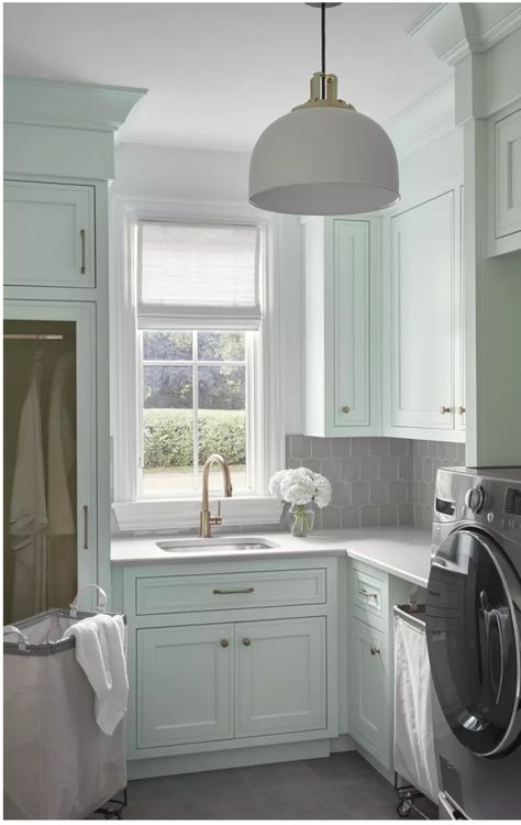 Green Laundry Room, Chic Light Fixtures, Blue Tile Floor, Gray Tile Backsplash, Transitional Laundry Room, Best Blue Paint Colors, Narrow Laundry Room, Laundry Room Colors, Green Laundry