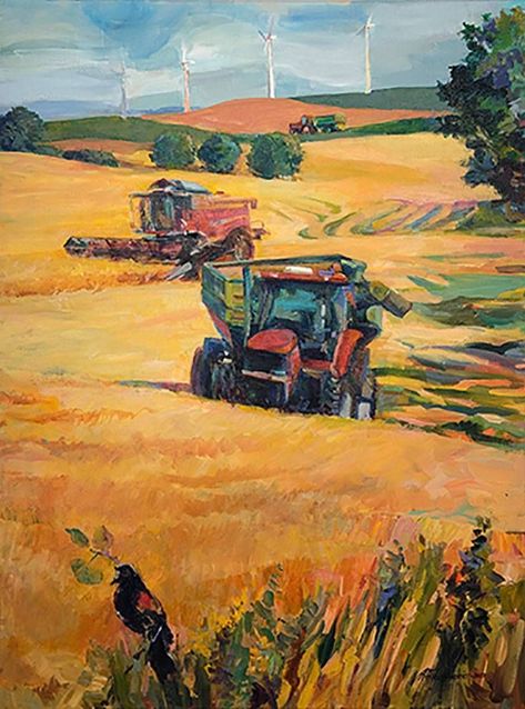 Plenty for All 🌾 Painting of the Week See this painting at the Red Door Gallery in Wahpeton, ND 🚜 #acrylic #farming #rollag #steamthreshers #wheat Agriculture Pictures, All Painting, Field Paint, Farm Paintings, Farm Art, Field Of Dreams, American Painting, Farm Scene, Old Farmhouse