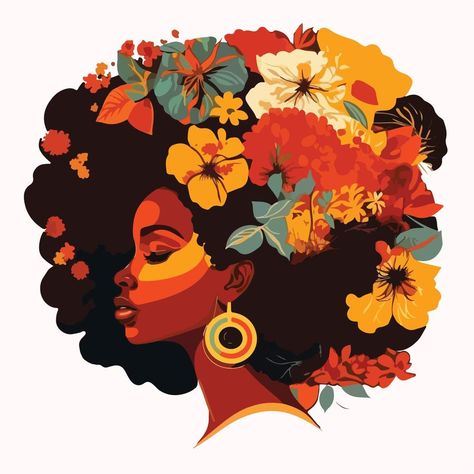 Floral Artwork Pattern, Flower Afro Drawing, Black Woman With Afro Drawing, Afro Woman Painting, Black Women With Flowers In Hair, Afro Flowers In Hair, Hair With Flowers Drawing, Afro Woman Illustration, Afro Hair Painting