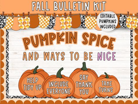 Pumpkin Spice Bulletin Board Kit | Fall Bulletin Board | Kindness Classroom Posters | Class community  | Harvest Thanksgiving bulletin board Fall Ela Bulletin Board, Fall School Counselor Bulletin Board, Pumpkin Bulletin Boards For Elementary, Pumpkin Spice Bulletin Board, Fall Kindness Bulletin Board, Caring Bulletin Board Ideas, Summer Camp Bulletin Boards, Fall Bulletin Boards For Elementary, Fall Class Decor