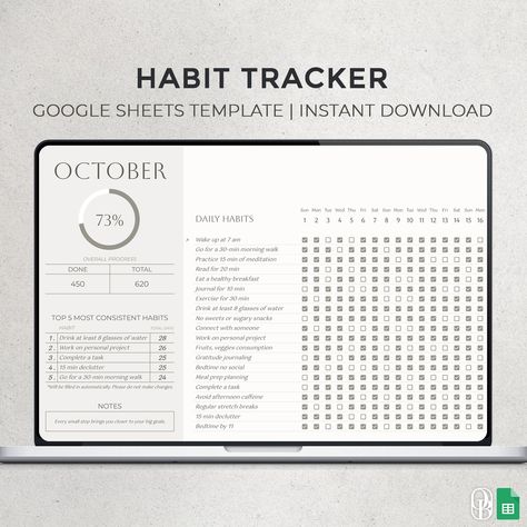 Introducing our monthly habit tracker template! Crafted using Google Sheets and elegantly designed for ease of use, this tool will help you track your daily habits effortlessly. Perfect for personal or professional development goals, it's a must-have for anyone looking to improve their productivity and focus. Download now and start tracking your progress Professional Development Goals, Spreadsheet Design, Money Management Activities, Budget Template Free, Elegant Theme, Habit Tracking, Planner Sheets, Elegant Themes, Excel Spreadsheets